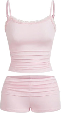 Hilinker Womens Sexy Pajama Set Ruched Lace Trim Cami and Shorts Summer Cute Pjs 2 Piece