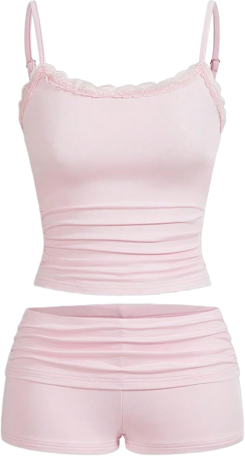 Hilinker Womens Sexy Pajama Set Ruched Lace Trim Cami and Shorts Summer Cute Pjs 2 Piece