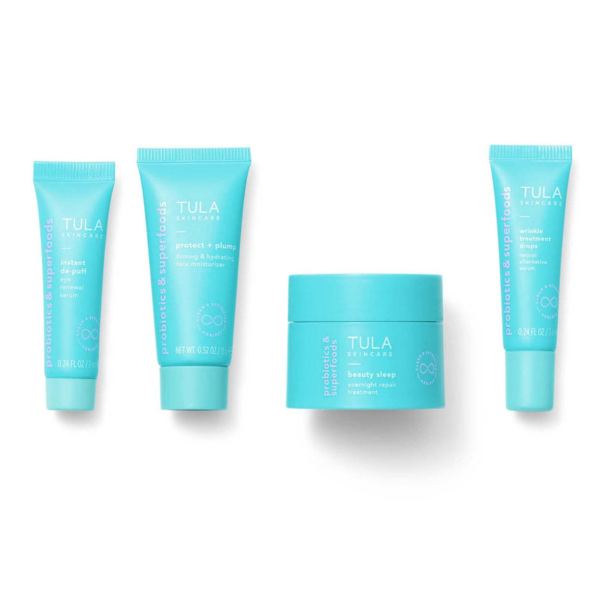 TULA Skin Care Your Best Skin At Every Age Firming & Smoothing Discovery Kit - Wrinkle Treatment, Face Moisturizer, Eye Serum and Overnight Repair Treatment, Anti-Aging, 4-Piece Kit