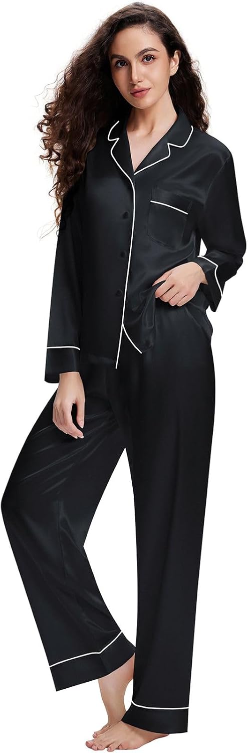 Lonxu Silk Satin Womens Pajama Sets Button Down Sleepwear Loungewear XS~3XL