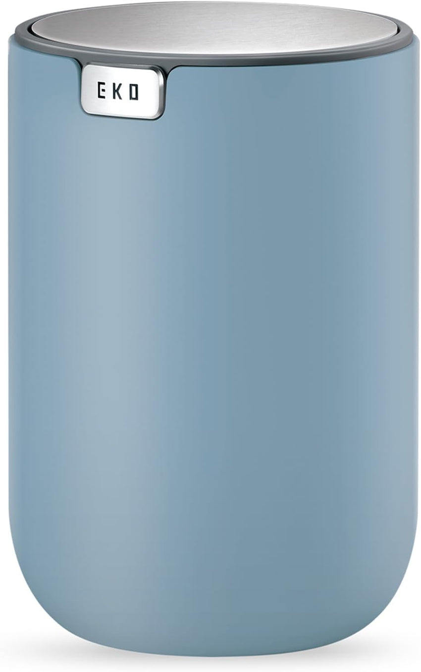 EKO Mini Desk Trash Can with Swing-Top Lid 0.4 Gallon Small Table Round Wastebasket for Office, Home, Car (Blue)
