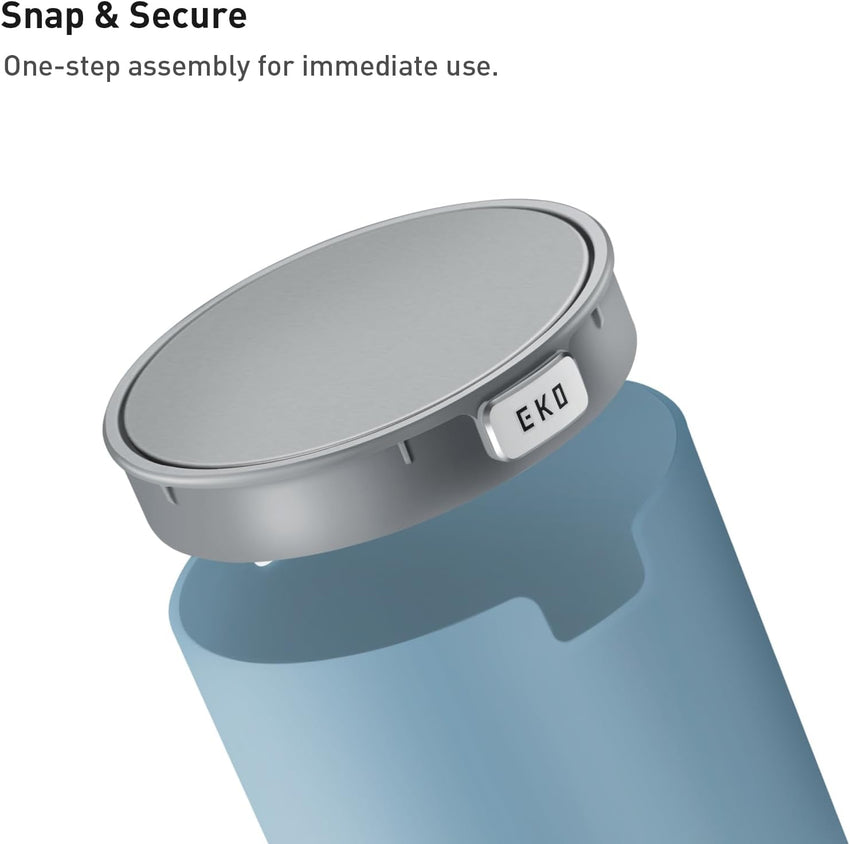 EKO Mini Desk Trash Can with Swing-Top Lid 0.4 Gallon Small Table Round Wastebasket for Office, Home, Car (Blue)