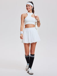 Airfree 2 Piece Sets for Women Tennis Skirt Set Mock Neck Sports Bra Irregular Crop Tank Bubble Skirt Outfits Set