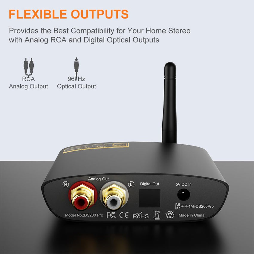 1Mii HiFi Bluetooth 5.3 Music Receiver for Home Stereo with LDAC, Bluetooth Audio Adapter with Audiophile DAC aptX HD, RCA Optical Output for AV Receiver or Stereo Amplifier - DS200Pro