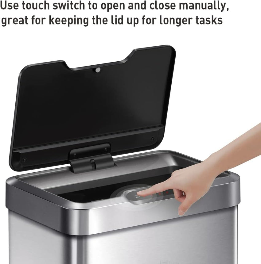 EKO Mirage-T 50 Liter / 13.2 Gallon Touchless Rectangular Motion Sensor Trash Can, Brushed Stainless Steel Finish
