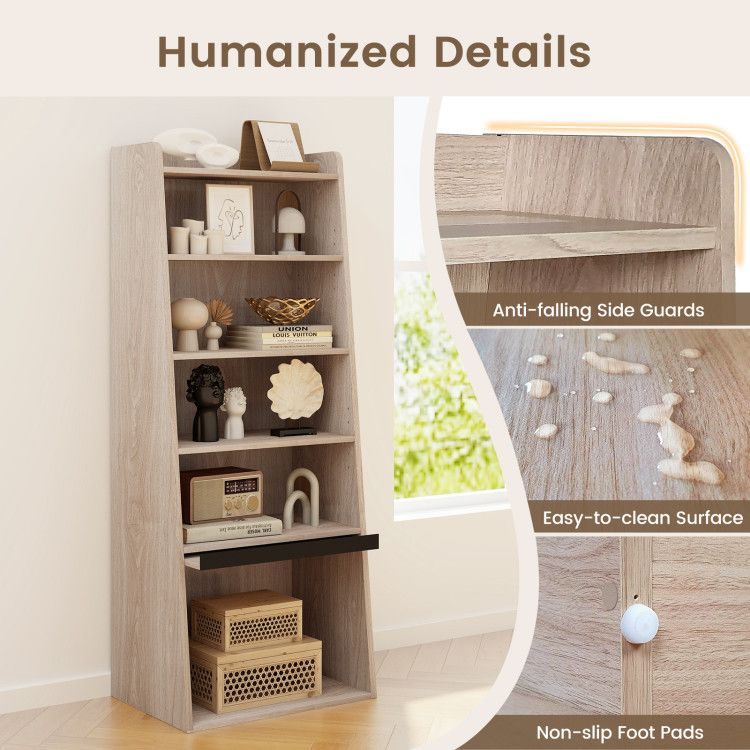 6 - Tier Bookcase Freestanding Ladder Bookshelf with 2 Adjustable Shelves and Flip Up Door - 7DAY'S