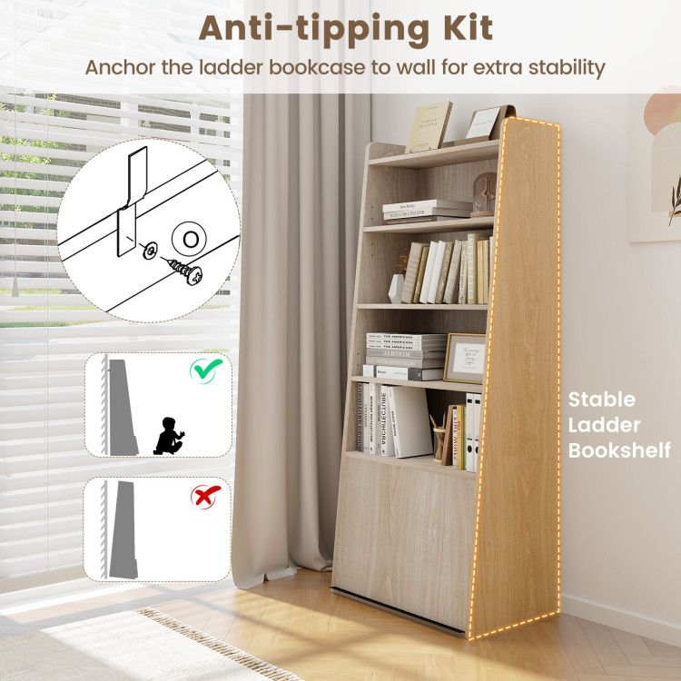 6 - Tier Bookcase Freestanding Ladder Bookshelf with 2 Adjustable Shelves and Flip Up Door - 7DAY'S