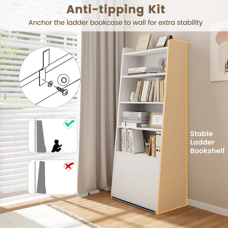 6 - Tier Bookcase Freestanding Ladder Bookshelf with 2 Adjustable Shelves and Flip Up Door - 7DAY'S