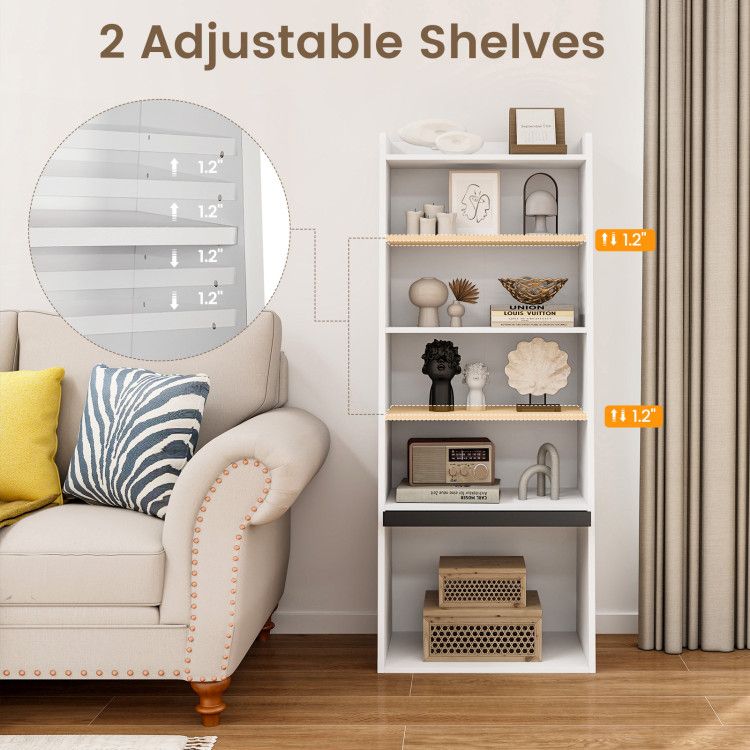 6 - Tier Bookcase Freestanding Ladder Bookshelf with 2 Adjustable Shelves and Flip Up Door - 7DAY'S