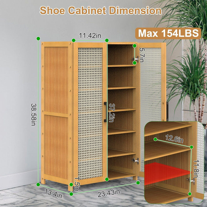 6 - Tier Shoe Cabinet with Bamboo Shoe Rack Freestanding Shoe Organizer with 2 Hollow Doors and Handles 154lbs Max Load for Closet Hallway Living Room - 7DAY'S