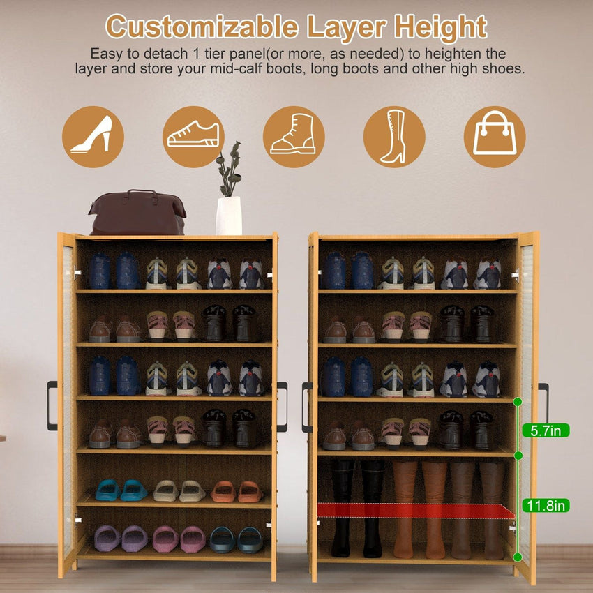 6 - Tier Shoe Cabinet with Bamboo Shoe Rack Freestanding Shoe Organizer with 2 Hollow Doors and Handles 154lbs Max Load for Closet Hallway Living Room - 7DAY'S