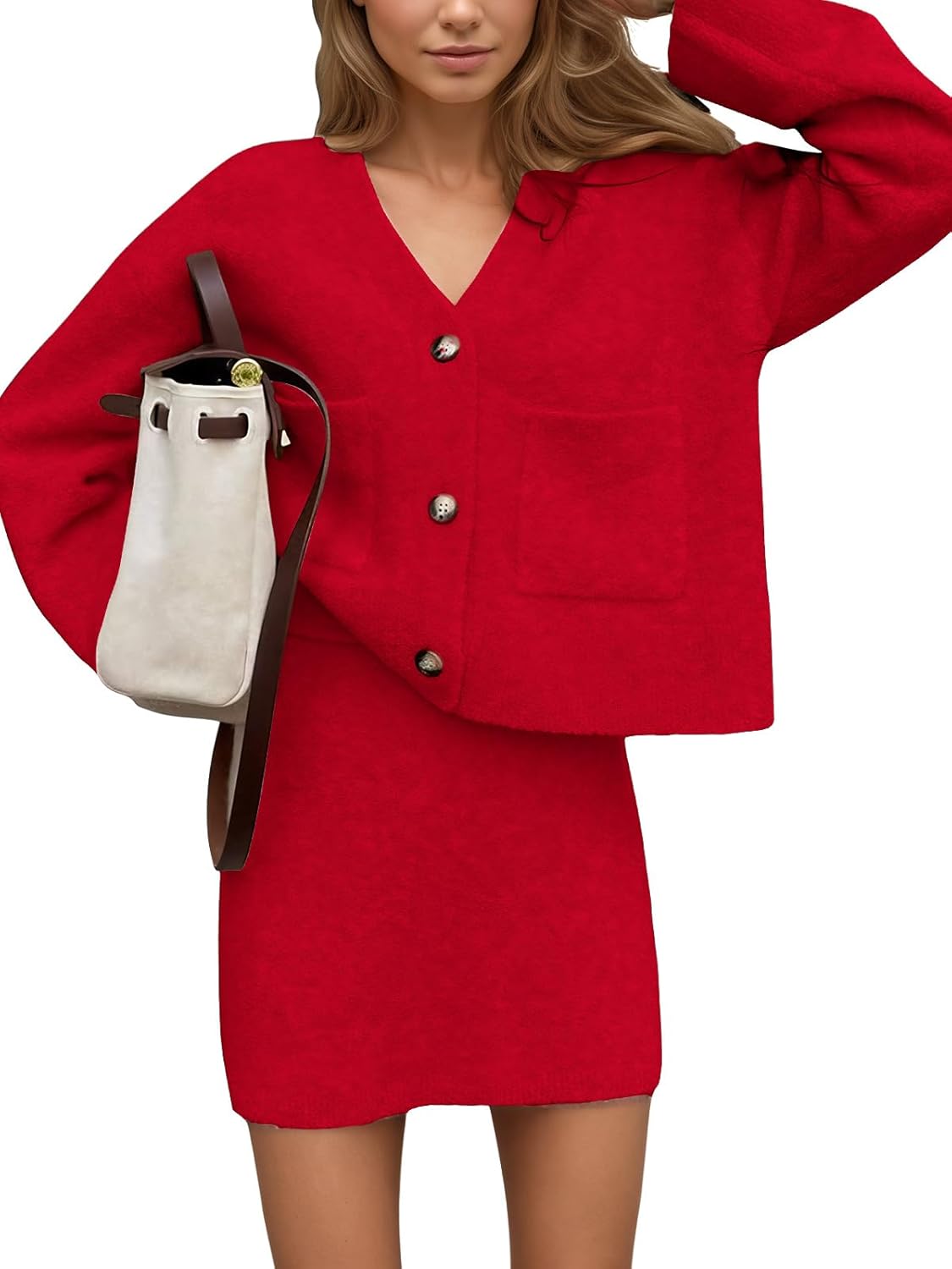 EXLURA Womens 2 Piece Skirt Sweater Sets V Neck Button Up Cardigan Mini Skirts Fall Winter Knit Trendy Outfits Pockets 2025