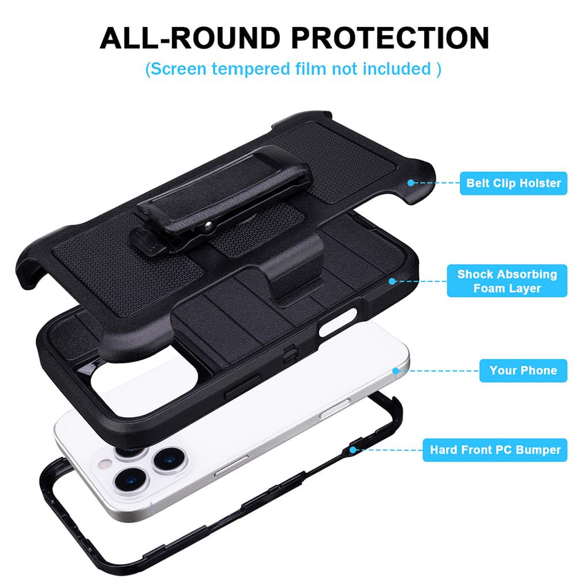 for Phone Case iPhone 16 Pro Case Black with Belt Clip Heavy Duty Holster for Shockproof Cases,3 Layers of Sturdy,Military Grade Defender Cover for iPhone 16 Pro Cases Black 6.3 Inch