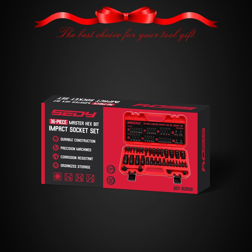 Hex Bit Impact Socket Set: 36-Piece with 4 Adapters, 1/4" 3/8" 1/2" Drive Master Allen Impact Socket Set, SAE and Metric, H5-H19 & 3/4"-5/64", Heavy Duty Storage Case, Automotive Mechanic