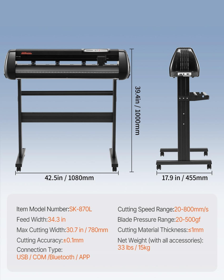 VEVOR 34inches Vinyl Cutter Machine, Bluetooth Cutting Plotter Machine, 400in/10m Accuracy Steel Roller Shaft Adjustable Speed Force, SignMaster Tool Kit for Sign Making Windows & Mobile