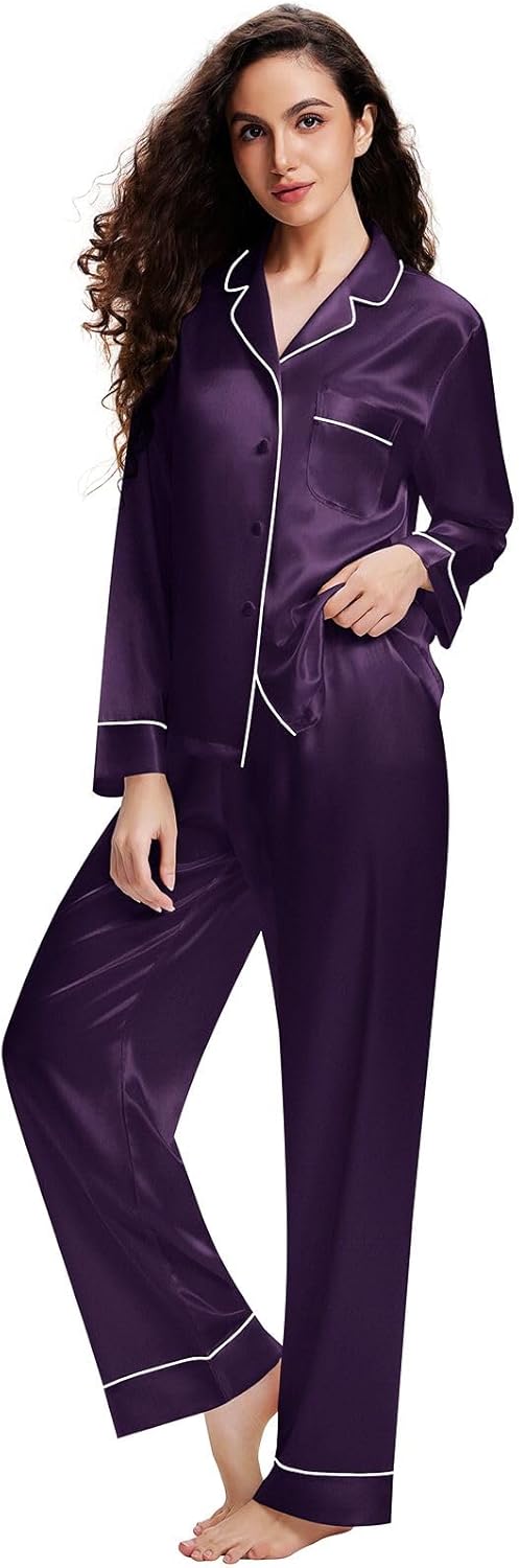 Lonxu Silk Satin Womens Pajama Sets Button Down Sleepwear Loungewear XS~3XL