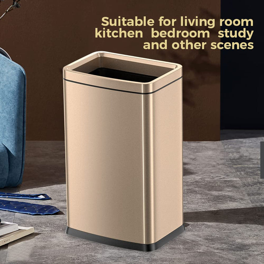 25L/6 Gallon Stainless Steel Square Trash Can, Large Kitchen Garbage Can, Office Commercial Trash Bin Champagne Gold Garbage Can, Large Open Top Waste Basket (25Lgold)