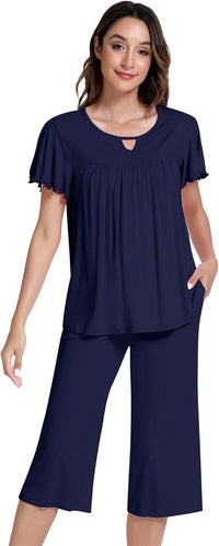 NACHILA Women’s Pajamas-Viscose Made from Bamboo, Short Sleeve Pjs Top with Capri Pajama Sets for Women Cool V Neck Sleepwear