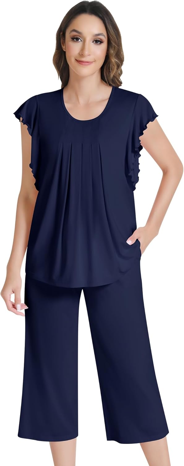 NACHILA Women’s Pajamas-Viscose Made from Bamboo, Short Sleeve Pjs Top with Capri Pajama Sets for Women Cool V Neck Sleepwear