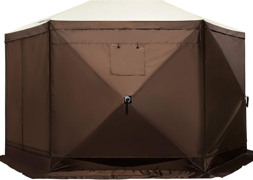 VEVOR 12 * 12ft 6 Sided Pop-up Canopy Shelter Tent with Mesh Windows, Portable Carry Bag, Stakes, Large Shade Tents for Outdoor Camping, Lawn and Backyard, Brown/Beige