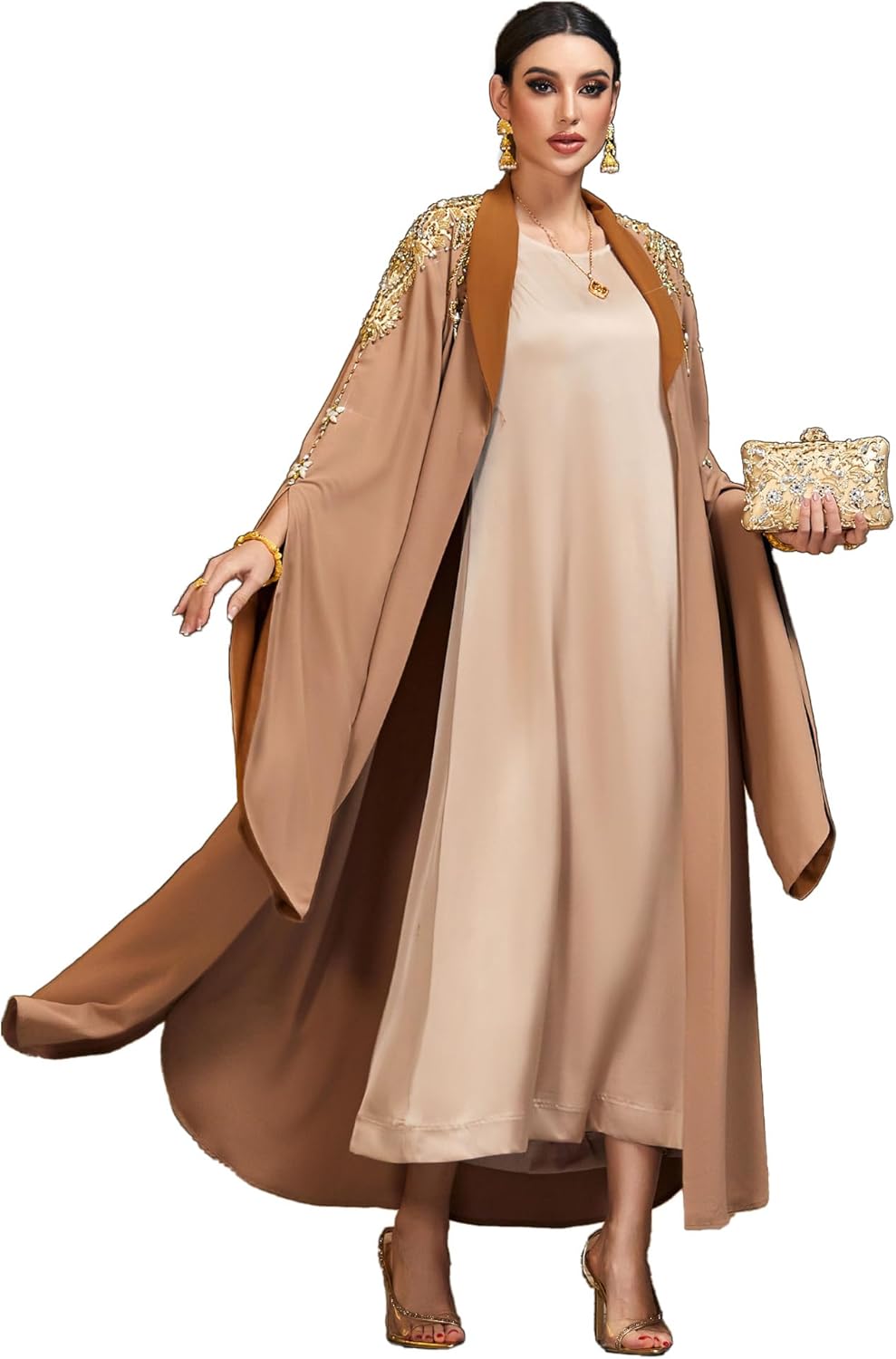 Handmade Beaded Kaftan Open Front Abaya Long Sleeve Maxi Dress, NO INNER, Arabian Robe for Casual Festival Gathering Travel