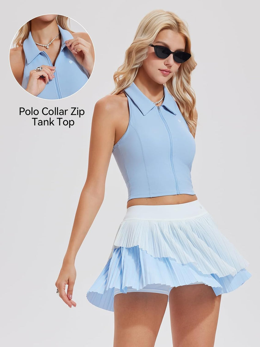 Airfree Tennis Skirt Sets for Women Outfits Lapel Collar Sleeveless Vests Patchwork Pleated Skirt Sets