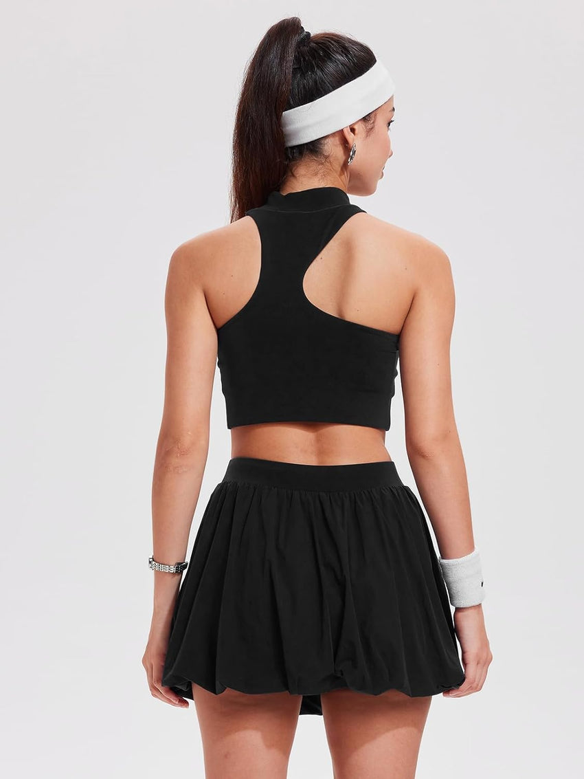 Airfree 2 Piece Sets for Women Tennis Skirt Set Mock Neck Sports Bra Irregular Crop Tank Bubble Skirt Outfits Set