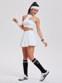 Airfree 2 Piece Sets for Women Tennis Skirt Set Mock Neck Sports Bra Irregular Crop Tank Bubble Skirt Outfits Set