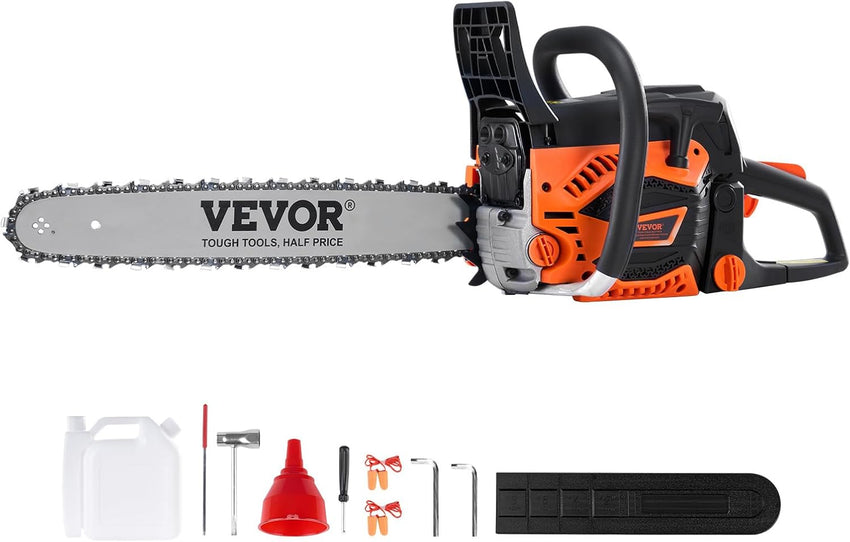 VEVOR 20inch 62CC Gas Powered Chainsaw, 3.8 HP 2 Stroke Engine Gas Power Chainsaws with Non-Slip Handle, Gas Chainsaws with Dual Fuel Tanks, For Wood Cutting, Tree Trimming, and Land Clearing