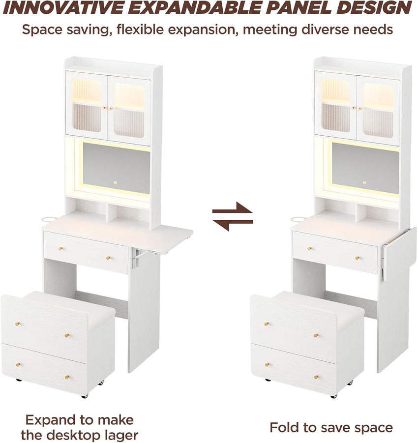 Maupvit Small Vanity Desk with Mirror and Lights, Modern Compact Make Up Vanity Set with Hidden Stool, Charging Station, Drawers, White Narrow Vanity Dressing Table with Fold-up Panel for Small Space