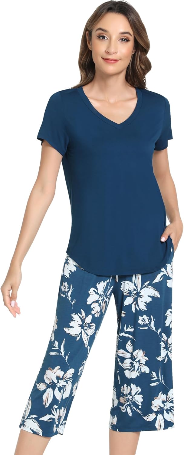 NACHILA Women’s Pajamas-Viscose Made from Bamboo, Short Sleeve Pjs Top with Capri Pajama Sets for Women Cool V Neck Sleepwear