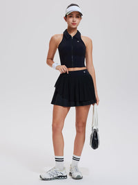 Airfree Tennis Skirt Sets for Women Outfits Lapel Collar Sleeveless Vests Patchwork Pleated Skirt Sets