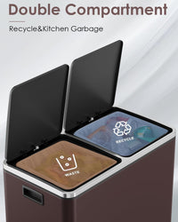 Arlopu 16 GallonStainless Steel Trash Can, 60L Dual Compartment, Metal Kitchen Step Recycle Bin, Metal Double Dustbin, in-Home Garbage Rubbish Can W/Removable Liner Buckets (Brown)