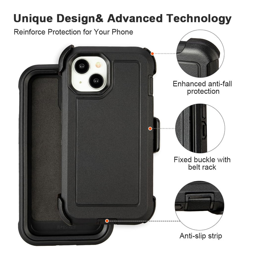 for Black iPhone 15 Case with Belt Clip, Shockproof Heavy Duty Rugged, 3 Layers of Sturdy,Anti-Drop, Military-Grade Defender Cover for iPhone 15 Case Black