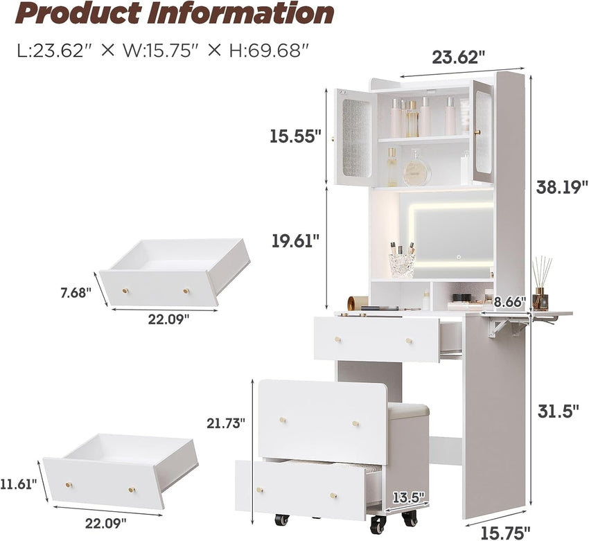 Maupvit Small Vanity Desk with Mirror and Lights, Modern Compact Make Up Vanity Set with Hidden Stool, Charging Station, Drawers, White Narrow Vanity Dressing Table with Fold-up Panel for Small Space