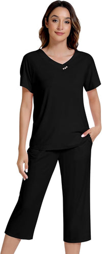 NACHILA Women’s Pajamas-Viscose Made from Bamboo, Short Sleeve Pjs Top with Capri Pajama Sets for Women Cool V Neck Sleepwear