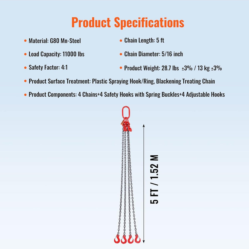 VEVOR Chain Sling, 5/16 Inch X 5 Ft Lifting Chains with Hooks, G80 Engine Chain Hoist Lifts, 11000LBS Lifting Sling Chains for Engine Hoist, Engine Lift Chain 5T with 4 Leg Grab Hooks and Adjusters