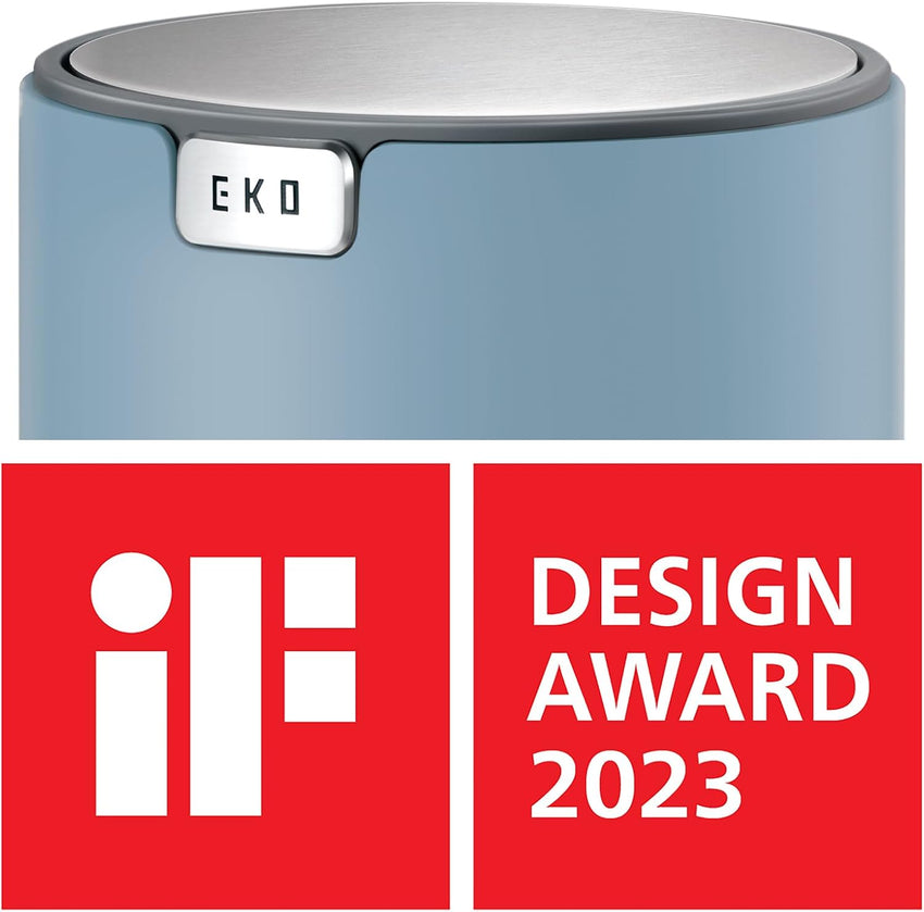 EKO Mini Desk Trash Can with Swing-Top Lid 0.4 Gallon Small Table Round Wastebasket for Office, Home, Car (Blue)