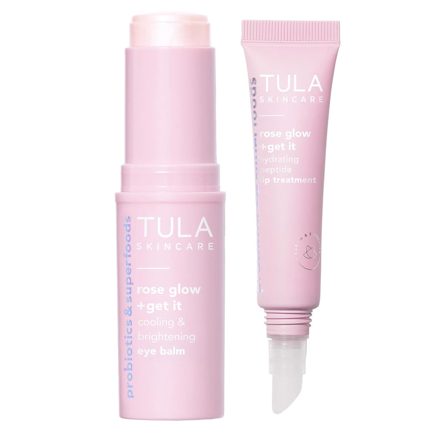 TULA Skin Care Wrapped in Radiance - Rose Glow + Get It Hydrating Peptide Lip Treatment Balm 0.28oz & Cooling & Brightening Eye Balm 0.35 oz, Full-Size, 2 Piece Duo