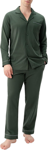DAVID ARCHY Mens Pajamas Set Soft Cotton Notched Collar Pajamas for Men Long Sleeve Mens Sleepwear with Pockets & Front Fly