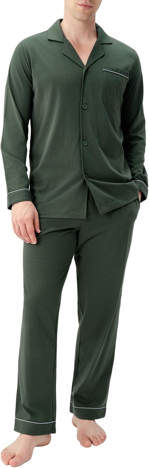 DAVID ARCHY Mens Pajamas Set Soft Cotton Notched Collar Pajamas for Men Long Sleeve Mens Sleepwear with Pockets & Front Fly