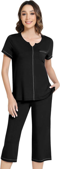 NACHILA Women’s Pajamas-Viscose Made from Bamboo, Short Sleeve Pjs Top with Capri Pajama Sets for Women Cool V Neck Sleepwear