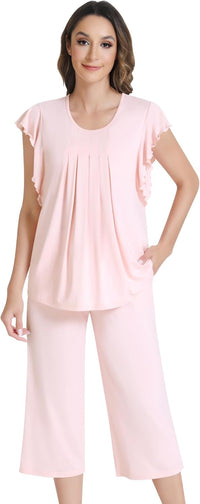 NACHILA Women’s Pajamas-Viscose Made from Bamboo, Short Sleeve Pjs Top with Capri Pajama Sets for Women Cool V Neck Sleepwear