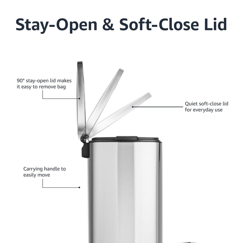 Amazon Basics Smudge Resistant Rectangular Trash Can With Soft-Close Foot Pedal, Brushed Stainless Steel, 50 Liter/13.2 Gallon, Satin Nickel Finish, 16.7"L x 14.7"W x 25.9"H