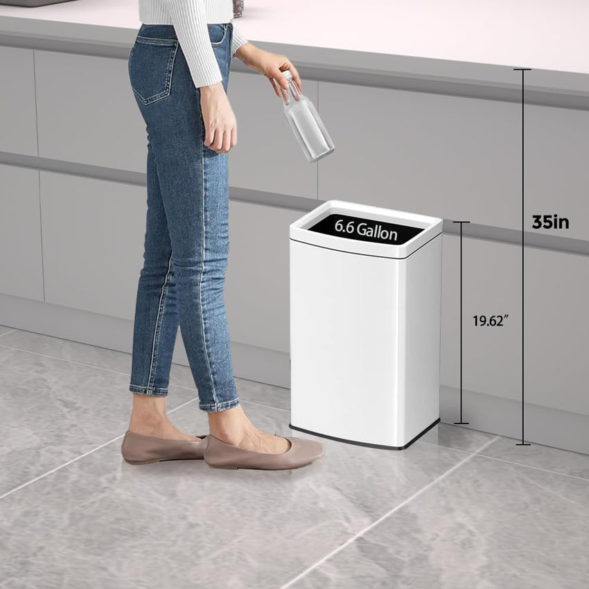 6.6 Gallon/25L Stainless Steel Square Trash Can, Large Capacity Kitchen Garbage Can, Business Trash Bin, Tall, Elegant, White Waste Basket, for Home, Office, Hotel (25LWhite)