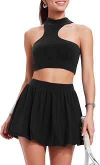 Airfree 2 Piece Sets for Women Tennis Skirt Set Mock Neck Sports Bra Irregular Crop Tank Bubble Skirt Outfits Set