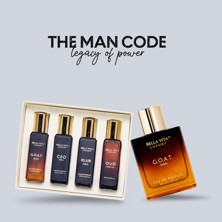BellaVita Luxury Mens Gift Set & G.O.A.T. Man Perfume Combo | Perfume for Men with Bergamot, Lavender & Patchouli Oriental | Long-Lasting Cologne for Men