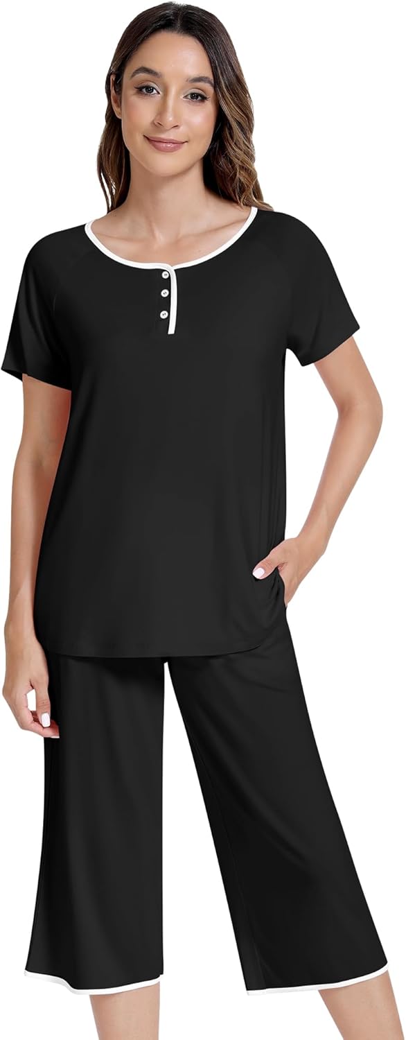 NACHILA Women’s Pajamas-Viscose Made from Bamboo, Short Sleeve Pjs Top with Capri Pajama Sets for Women Cool V Neck Sleepwear