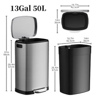 13 Gallon Trash Can with Lid, 50L Fingerprint Proof Stainless Steel Kitchen Trash Can with Removable Inner Bucket and Lid Soft Close, Pedal Rubbish Bin for Home Office(Silver)
