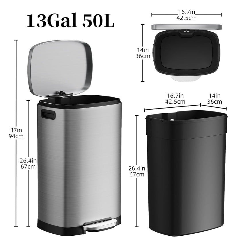 13 Gallon Trash Can with Lid, 50L Fingerprint Proof Stainless Steel Kitchen Trash Can with Removable Inner Bucket and Lid Soft Close, Pedal Rubbish Bin for Home Office(Silver)